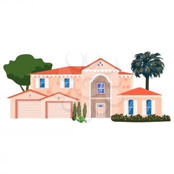 Mansion Residential Home Building, tropic trees, palms. House exterior facades front view architecture family modern contemporary cottage house or apartments, villa. Suburban property, vector illustration cartoon flat style