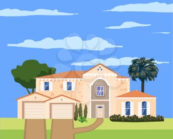 Residential Home Building in landscape tropic trees, palms. House exterior facades front view architecture family modern villa, cottage house or mansion apartments, villa. Suburban property, vector illustration cartoon flat style