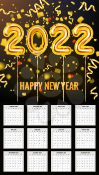 Calendar 2022 gold balloons 3d numbers. 12 month week starts on Sunday, template vector illustration isolated