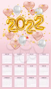 Calendar 2022 gold and pink balloons 3d numbers. 12 month week starts on Sunday, template vector illustration isolated