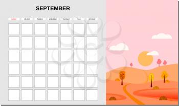 Calendar Planner September month. Minimalistic landscape natural backgrounds Autumn. Monthly template for diary business. Vector isolated illustration