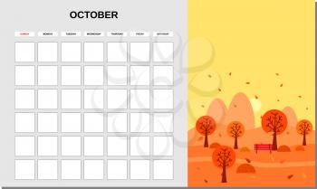 Calendar Planner October month. Minimalistic landscape natural backgrounds Autumn. Monthly template for diary business. Vector isolatedillustration