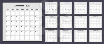 Calendar Planner for 2022, set 12 month. Monthly template for diary business. Week Starts Sunday. Vector isolated