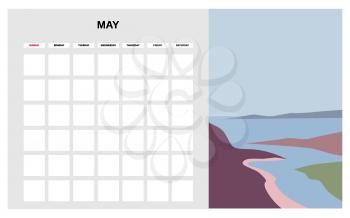 Calendar Planner May spring month. Minimal abstract contemporary landscape natural background. Monthly template for diary business. Vector isolated illustration
