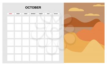 Calendar Planner October autumn month. Minimal abstract contemporary landscape natural background. Monthly template for diary business. Vector isolated illustration