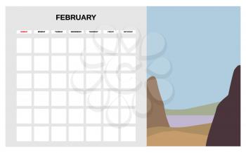Calendar Planner February winter month. Minimal abstract contemporary landscape natural background. Monthly template for diary business. Vector isolated illustration