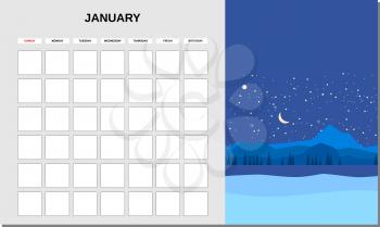 Calendar Planner January month. Minimalistic landscape natural backgrounds Winter. Monthly template for diary business. Vector isolated illustration