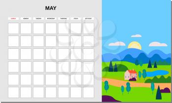 Calendar Planner May month. Minimalistic landscape natural backgrounds Spring. Monthly template for diary business. Vector isolated illustration