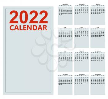 Calendar for 2021 year monthly template. Basic grid week starts on sunday. Vector isolated