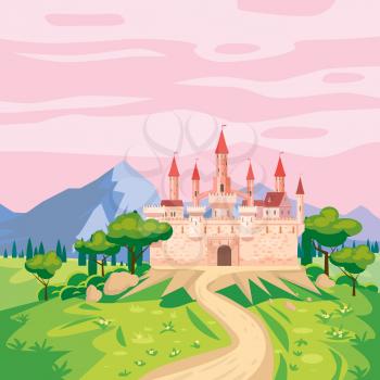 Fantasy landscape with Castle medieval Kingdom rural countryside. Fairytale background mountaines, trees, flora, field road to palace. Vector illustration cartoon style