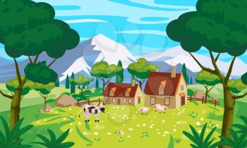 Rural Landscape farm scenery view, mountaines, green meadow, flowers, trees. Countryside nature, cow, sheeps, buildings Vector illustration background cartoon style