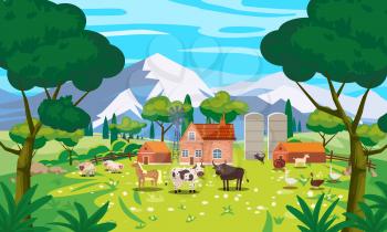 Rural Landscape farm scenery view, mountaines, green meadow, flowers, trees. Countryside nature, farm animals cow, sheeps, horse, bull, goose, duck, goat buildings Vector illustration background cartoon style