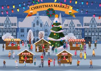 Christmas market or holiday winter outdoor fair on oldtown square big New Year tree cityscape