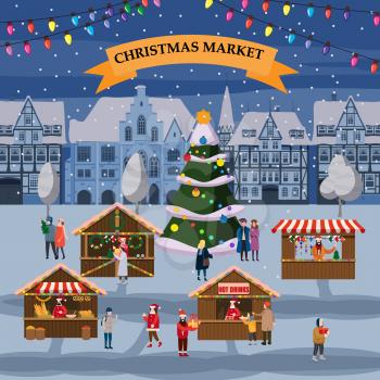 Christmas market or holiday winter outdoor fair on oldtown square big New Year tree cityscape