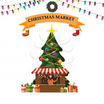 Christmas souvenirs market stall with decorations. Big Christmas tree Xmas shop with garlands decorations