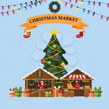 Christmas souvenirs market stall with decorations and bakery. Big Christmas tree Xmas shop with garlands decorations