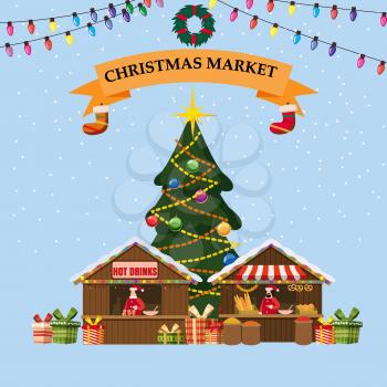 Christmas souvenirs market stall bakery with decorations. Big Christmas tree Xmas shop with garlands decorations