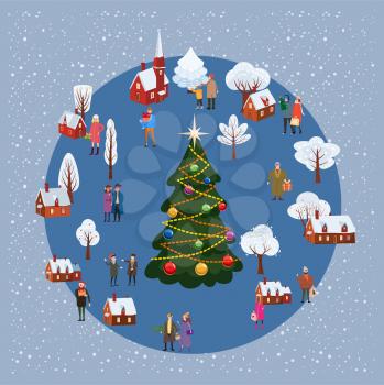 Christmas and New year winter village rural landscape with christmas tree people poster