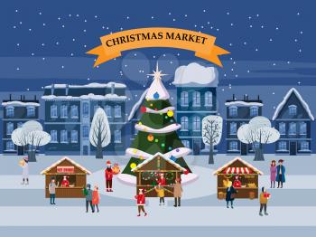 Christmas village, winter town, souvenirs market stalls with decorations souvenirs and bakery