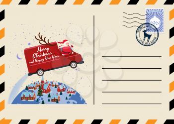Christmas and New Year Postcard with stamps and mark. Van flies through the night sky