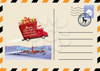 Christmas and New Year Postcard with stamps and mark. Van flies through the night sky