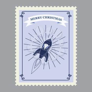 Merry Christmas retro postage stamp with Santa rocket