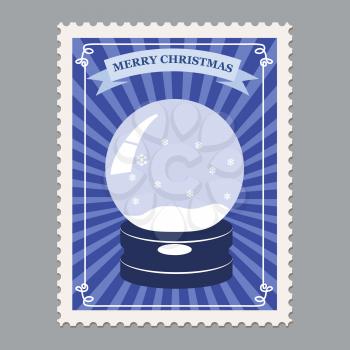 Merry Christmas retro postage stamp with snowglobe