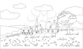 Farm buildings rural landscape coloring book for kid. Countryside view, vector illustration