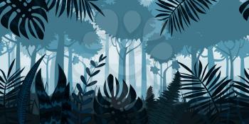 Junfle Tropical Forest landscape horizontal seamless background for games apps, design. Nature leaves, woods, trees, bushes, flora, vector, cartoon style illustration