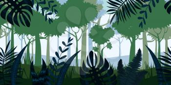 Junfle Tropical Forest landscape horizontal seamless background for games apps, design. Nature leaves, woods, trees, bushes, flora, vector, cartoon style illustration