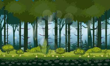 Forest landscape horizontal seamless background for games apps, design. Nature woods, trees, bushes, flora, vector, cartoon style illustration