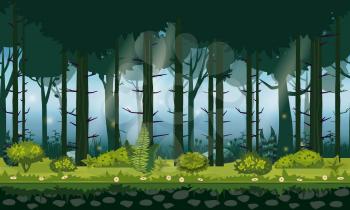 Seamless forest landscape horizontal background for games apps, design. Nature woods, trees, bushes, flora, vector, cartoon style illustration