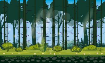 Seamless forest landscape horizontal background for games apps, design. Nature woods, trees, bushes, flora, vector, cartoon style illustration