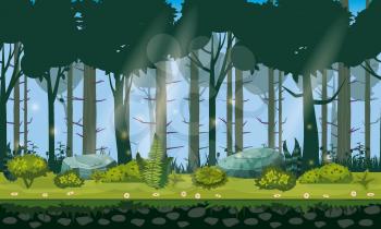 Forest landscape horizontal seamless background for games apps, design. Nature woods, trees, bushes, flora, vector, cartoon style illustration
