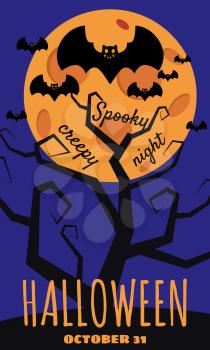 Halloween holiday greeting card bats moon tree. Template banner, flyer, poster vector illustration