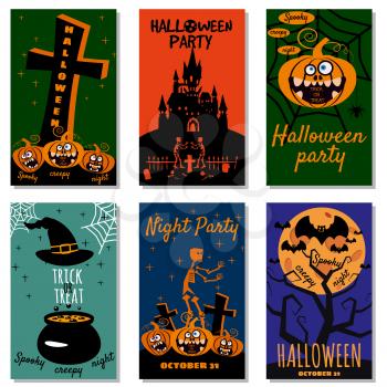 Set Halloween holiday greeting card merry pumpkin, spider web, bats, cauldron, deads, witch, cemetery. Template banner, flyer poster vector illustration