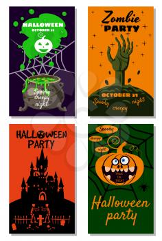 Set Halloween holiday greeting card merry pumpkin, deads, cemetery, cauldron, castle. Template banner, flyer, poster vector illustration