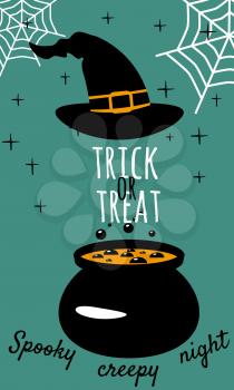 Halloween holiday greeting card Trick Or Treat. Witch hat cauldron. Template banner, flyer, poster. Vector iilustration