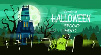 Happy Halloween Lonely scary abandoned mansion cemetery graves. Vector isolated cartoon style poster banner card