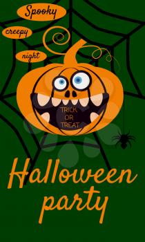Halloween holiday greeting card merry pumpkin in spider web. Template banner, flyer, poster vector illustration