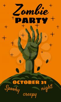 Halloween holiday Zombie Party greeting card rising hand dead cemetery. Template banner, flyer, poster. Vector illustration