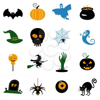 Set Halloween icons and illustrations colorful pumpkins bat, owl, ghost, pot, moons