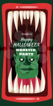 Creepy Halloween Monster party banner scary monster character teeth jaw and tongue in mouth closeup
