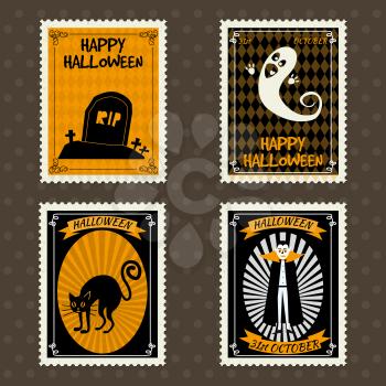 Happy Halloween Postage Stamps with ghost, Vampire, black cat grave, cemetery,