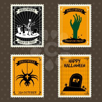Happy Halloween Postage Stamps with hand of the risen dead zombie, spider, grave, cemetery