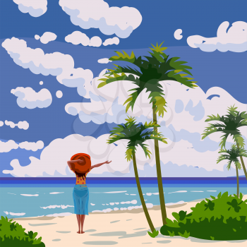 Tropical Island beach woman enjoy vacation, summer resort, seashore sand, palms, waves. Ocean, sea exotical beach landscape, clouds, nature. Vector illustration isolated
