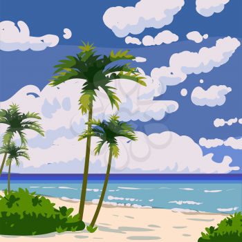Tropical beach summer resort, seashore sand, palms, waves. Ocean, sea exotical beach landscape, clouds, nature Vector illustration isolated