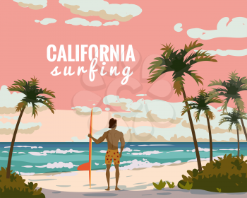 California surfing. Tropical beach summer resort, seashore sand, palms, waves. Ocean, sea exotical beach landscape, clouds, nature. Vector illustration isolated retro vintage