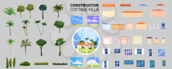 Conctructor house villa elements, door, windows, walls, roof, flora, trees, palms. Set creator architecture real estate, build cottage vector illustration isolated