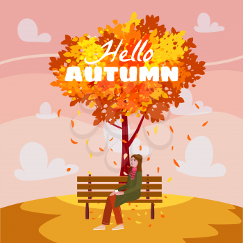 Happy girl sitting on a bench with a cup of coffee, under a tree with falling yellow leaves in a park, text Hello Autumn. Vector, illustration, isolated poster